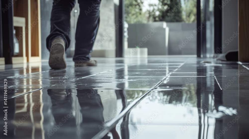 Obraz premium A tile setter placing ceramic tiles on a floor at a construction site. Featuring focus and precision
