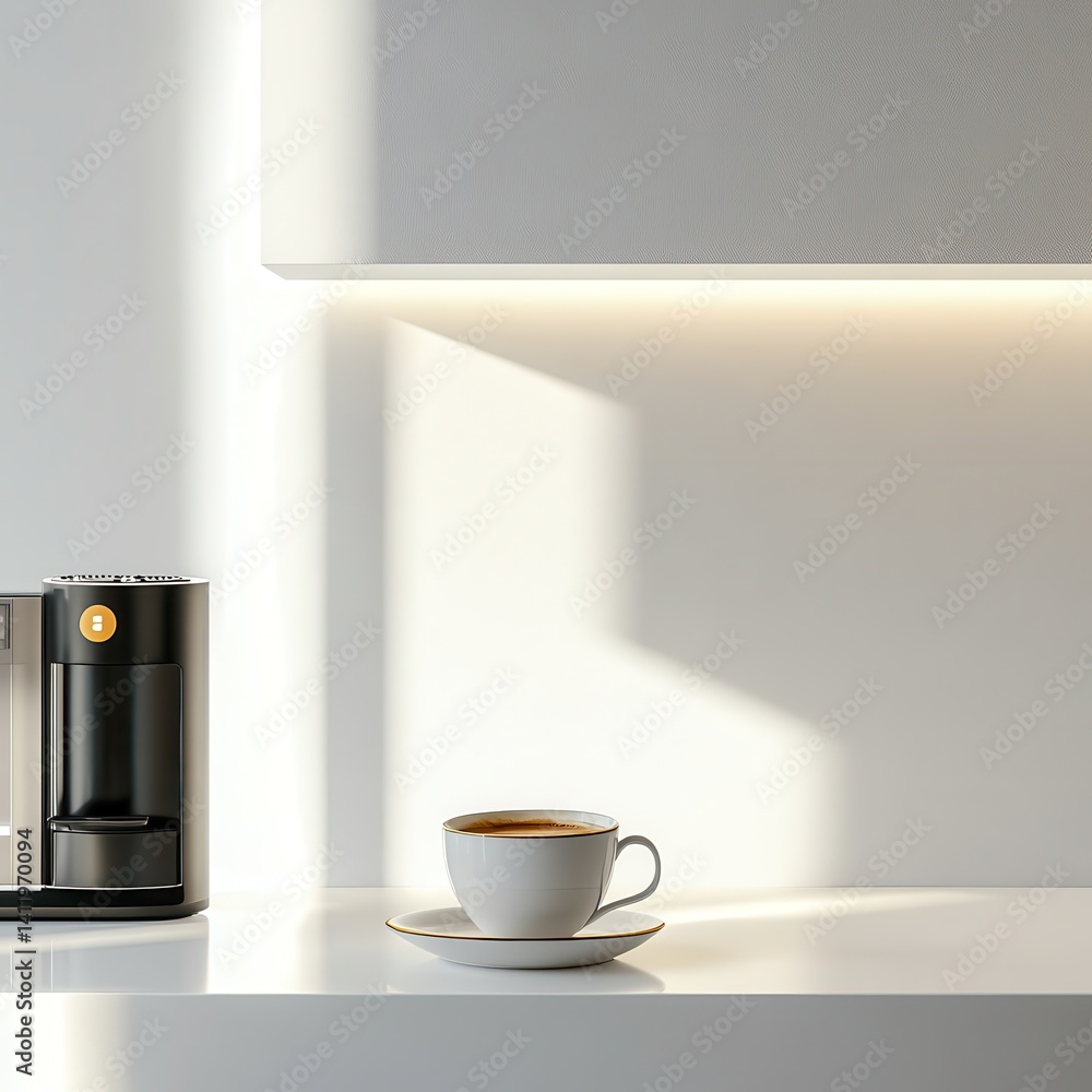 Modern espresso setup with clean space, cup on white surface, abstract lighting Modern espresso setup with clean space, cup on white surface, abstract lighting