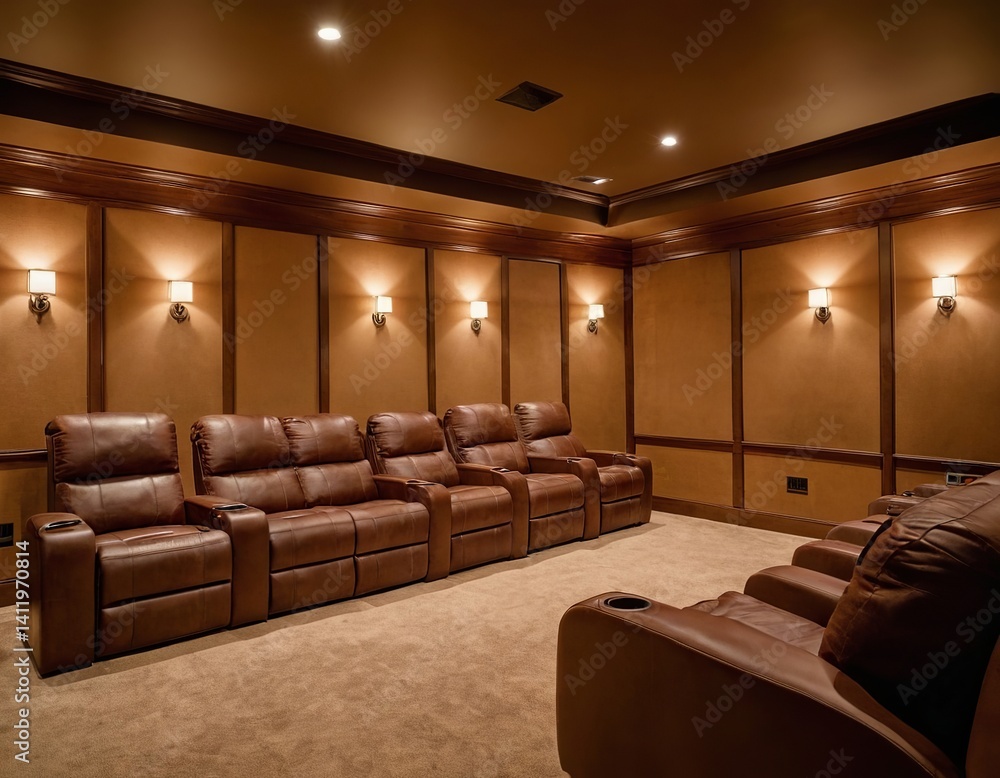 Fototapeta premium Luxurious home theater with plush leather seating and ambient lighting.