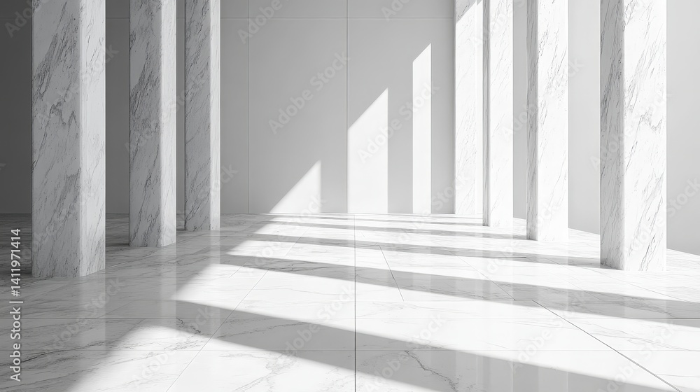 Fototapeta premium A stunning white marble floor gleams under soft lighting, complemented by elegant, tall columns that rise majestically, creating a sense of grandeur and sophistication in the space.