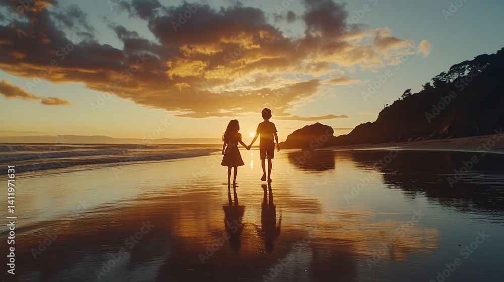 Fototapeta premium Children walk beach sunset silhouette