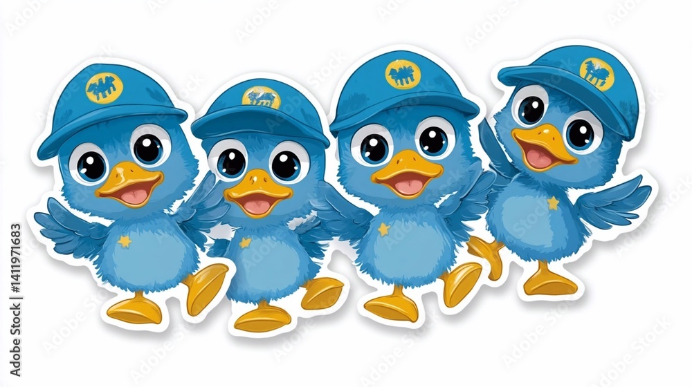 Cute cartoon bird illustration of two yellow characters with funny expressions on a branch against a blue background Cute cartoon bird illustration of two yellow characters with funny expressions on a branch against a blue background