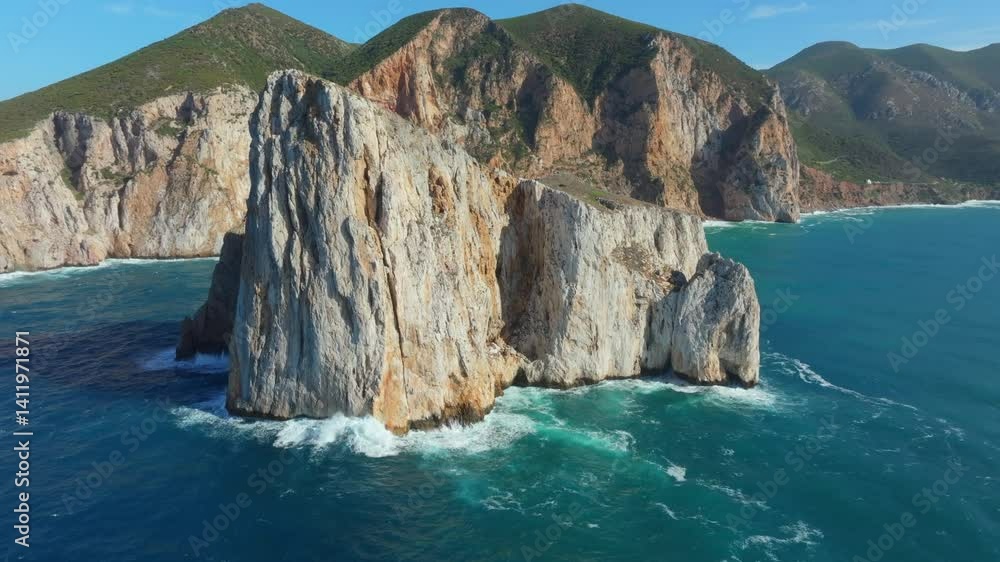 Pan di Zucchero, the towering sea stack off Masua, Sardinia with sharp limestone walls rising from the vibrant waters, backed by steep coastal cliffs and green Mediterranean hills, dramatic drone shot Pan di Zucchero, the towering sea stack off Masua, Sardinia with sharp limestone walls rising from the vibrant waters, backed by steep coastal cliffs and green Mediterranean hills, dramatic drone shot