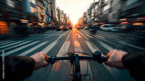 Fototapeta Naklejka Na Ścianę i Meble -  First person perspective, cycling in the city at sunset, speed and freedom