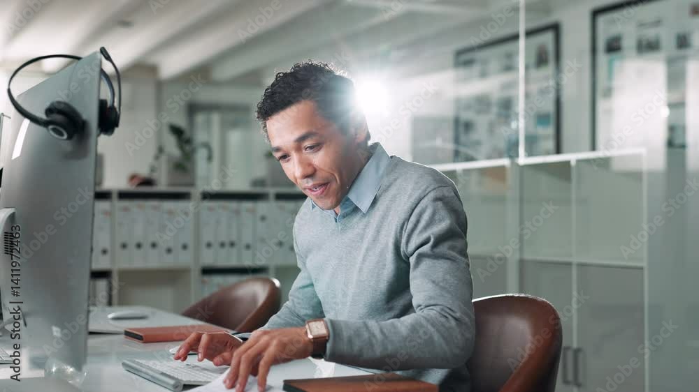 custom made wallpaper toronto digitalMan, typing and finance at office, night and computer with documents, review and stats for accounting. Person, pc and paperwork with results, feedback and audit for revenue with deadline at workplace