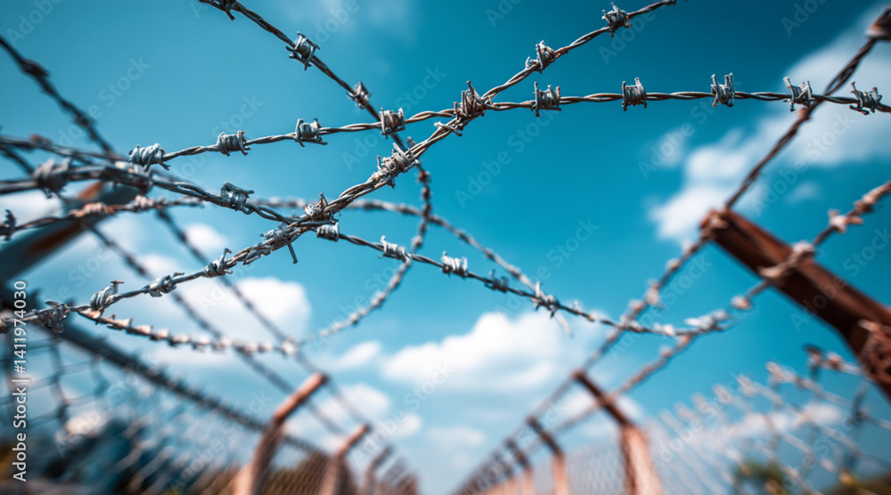 Barbed wire fencing creating secure perimeter under blue sky with copy space