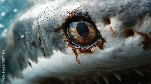 Close-up of shark eye, detail focus, underwater ocean background, fierce gaze