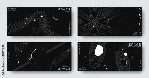 Set of abstract space horizontal backgrounds. Linear galaxy, universe, planet, solar system. Science future concept. Astronomy minimal design for cover, poster, layout, banner, ads, flyer, brochure