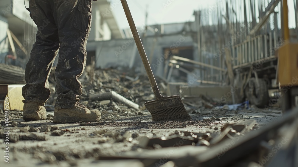 A worker cleaning up debris at a construction site. Featuring care and cleanliness A worker cleaning up debris at a construction site. Featuring care and cleanliness