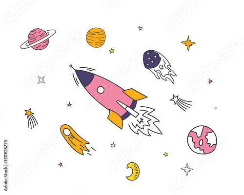 png spaceship planet astronaut doodle cartoon galaxy star vector alien satellite illustration rocket universe cosmos drawing comet moon sky set element sun cosmic concept design space symbol