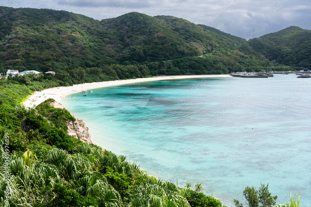 Kerama Islands near Okinawa, Japan: Aerial view of the Aharen, Tokashiki beach in the tropical islands in Okinawa in the Pacific Ocean..
