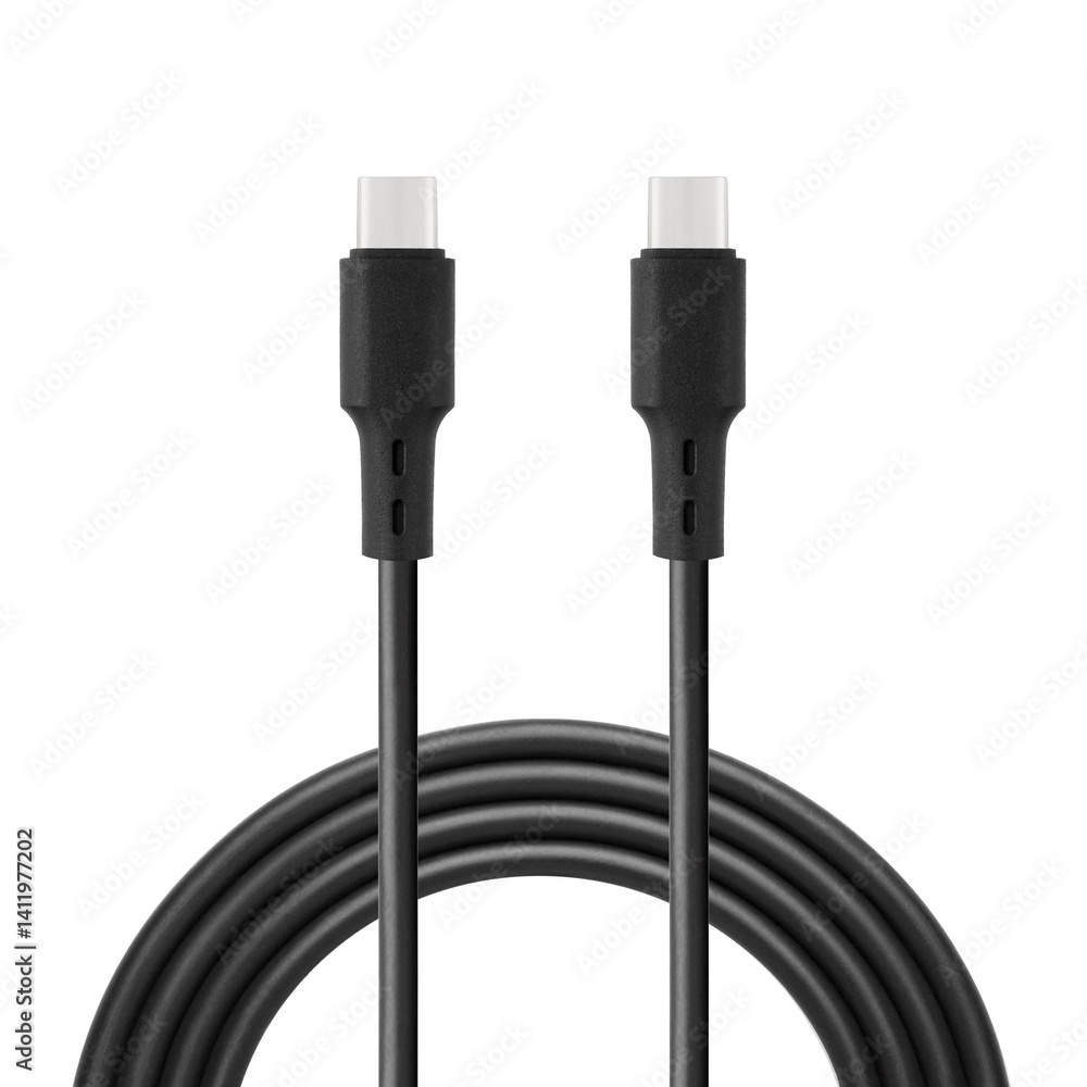 Black cable for charging and synchronization with Type – C and Type – C connectors on a white isolated background close-up