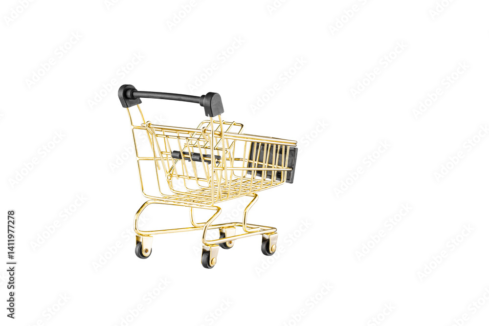 shopping trolley side view gold, yellow and black color cart on isolated white background close up