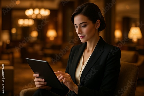 Businesswoman using tablet in luxury hotel lobby