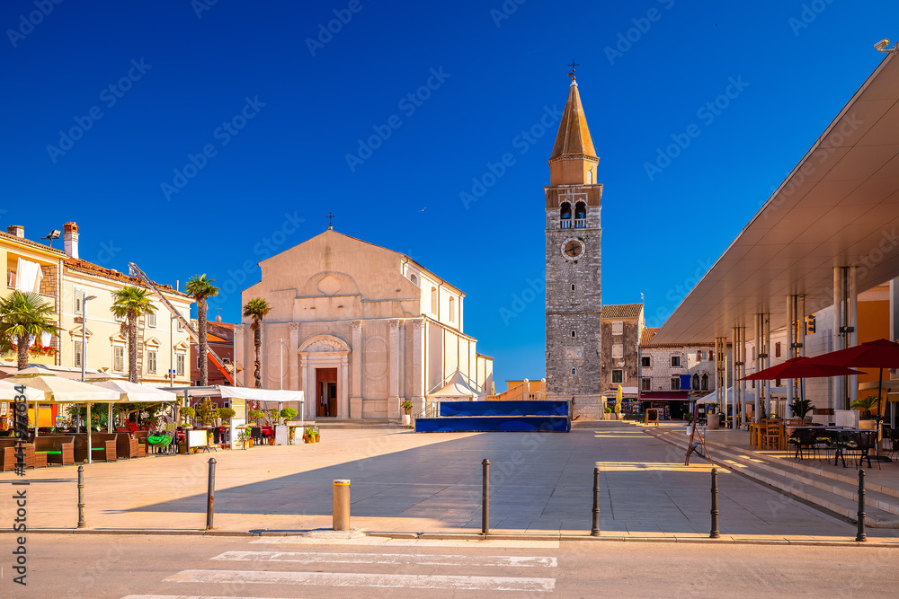 Umag, Croatia. Scenic view of historic landmarks in town of Umag main square