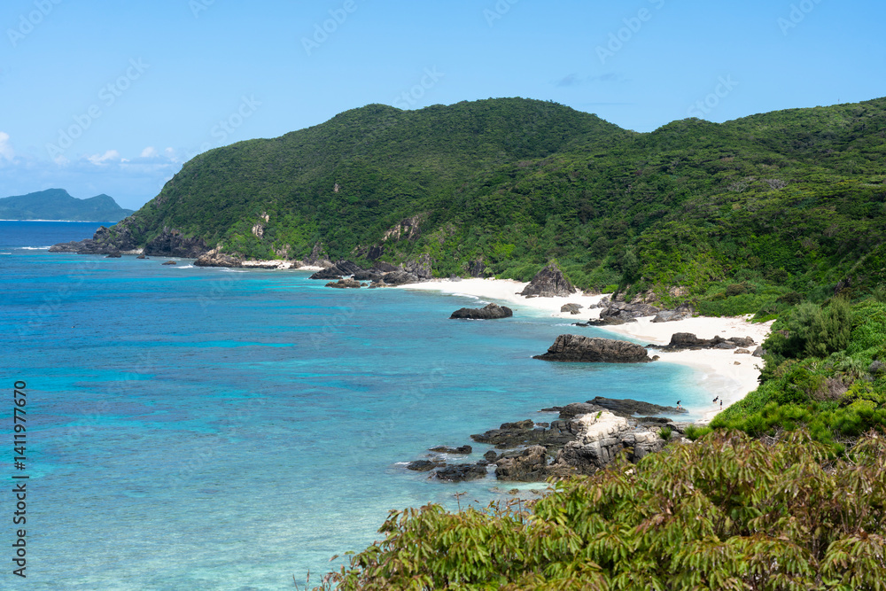 Kerama Islands near Okinawa, Japan: Aerial view of the Aharen, Tokashiki beach in the tropical islands in Okinawa in the Pacific Ocean..