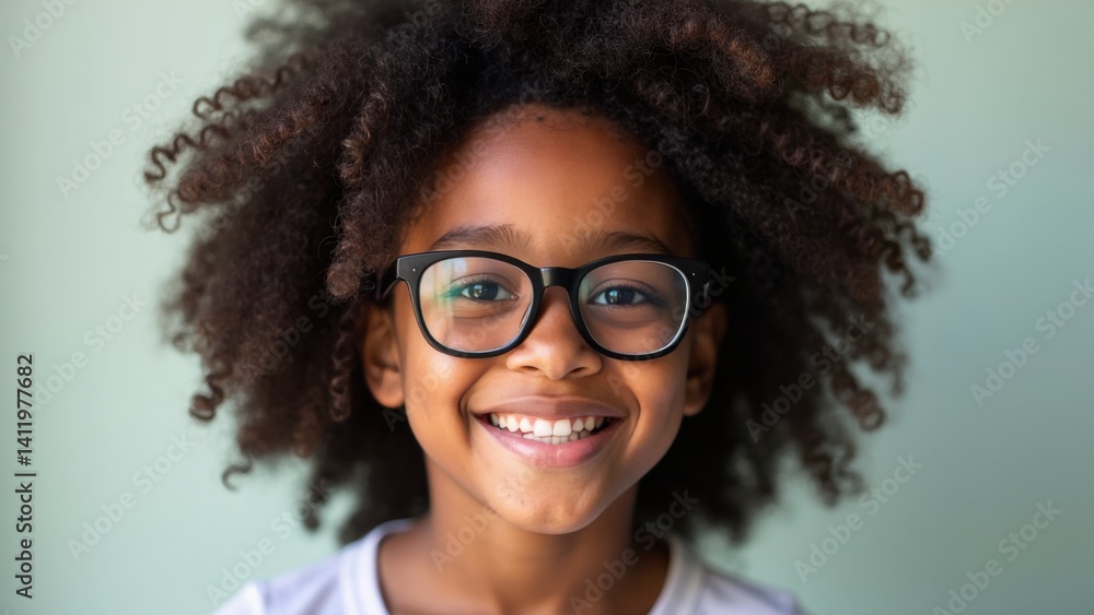 A joyful mixed race african girl with curly hair is smiling brightly while wearing glasses. She gazes at the camera, showcasing her happiness in a light green setting.
