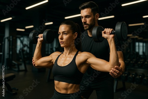 Personal trainer assisting woman with weights in gym