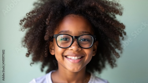 Obraz na płótnie A joyful mixed race african girl with curly hair is smiling brightly while wearing glasses. She gazes at the camera, showcasing her happiness in a light green setting. w salonie
