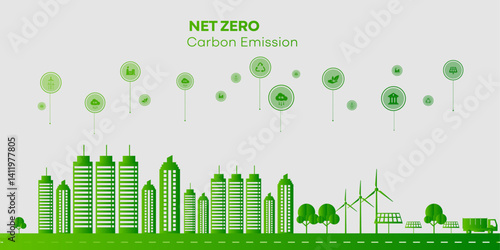 green eco sustainable city skyline green solar energy with net zero carbon neutral target icon