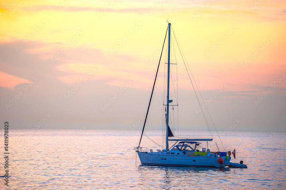 Rovinj , Croatia. Epic sunset at the sea sailboat view.