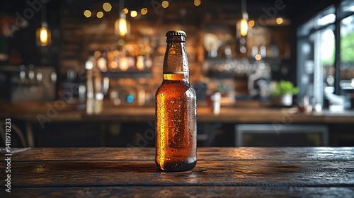 Craft beer bottle mockup with condensation on rustic table surrounded by warm ambient lighting