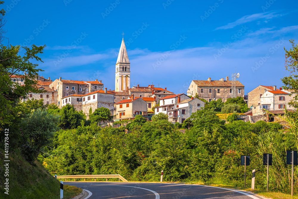 Istria, Croatia. Old stone town of Buje tower and rooftops view,