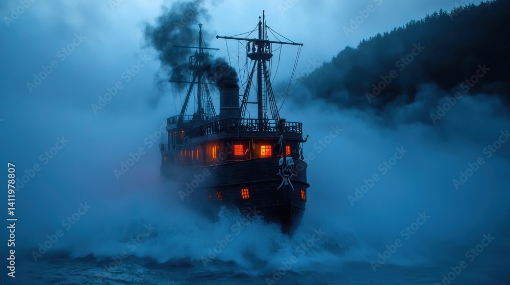 Obraz premium Misty night, dark ship, steaming through fog, mysterious harbor