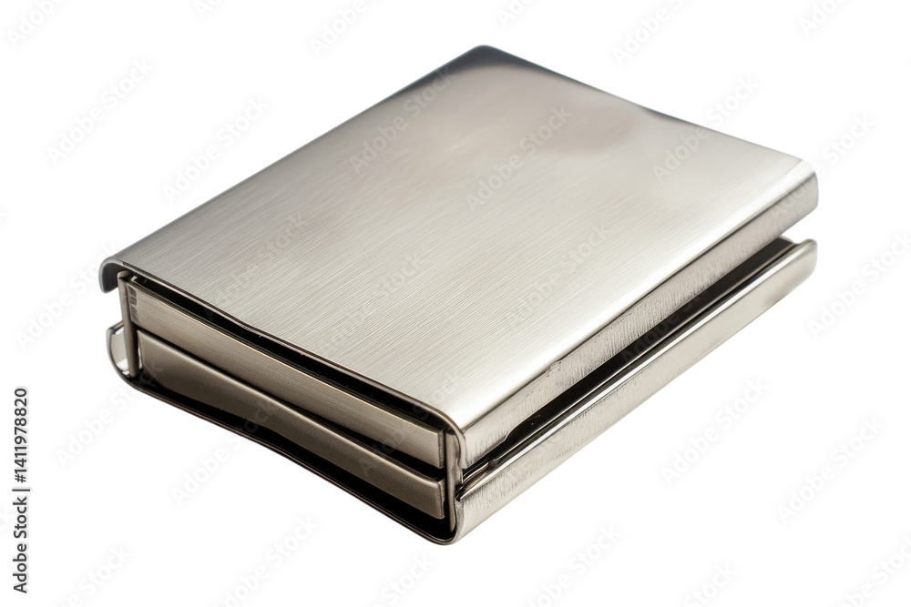 A sleek metal binder clip resting elegantly on a white surface in soft lighting isolated on transparent background A sleek metal binder clip resting elegantly on a white surface in soft lighting isolated on transparent background