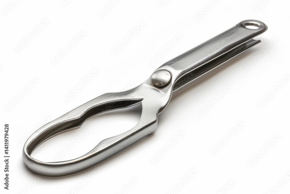 Sleek stainless steel bottle opener resting on a smooth surface with light reflections isolated on transparent background Sleek stainless steel bottle opener resting on a smooth surface with light reflections isolated on transparent background