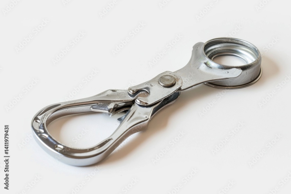 Shiny metallic lobster clasp with a bottle opener function resting on a clean surface isolated on transparent background Shiny metallic lobster clasp with a bottle opener function resting on a clean surface isolated on transparent background
