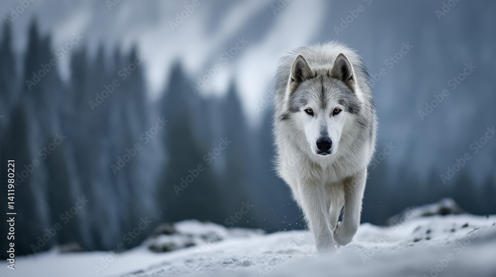 Fototapeta premium A powerful Siberian Husky-Wolf mix runnin-4 - Nature Claws Snow Predator