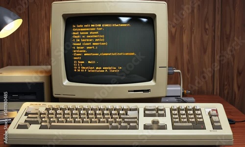 A vintage computer setup with a monitor, keyboard, and mouse, possibly for retro or technology themes.