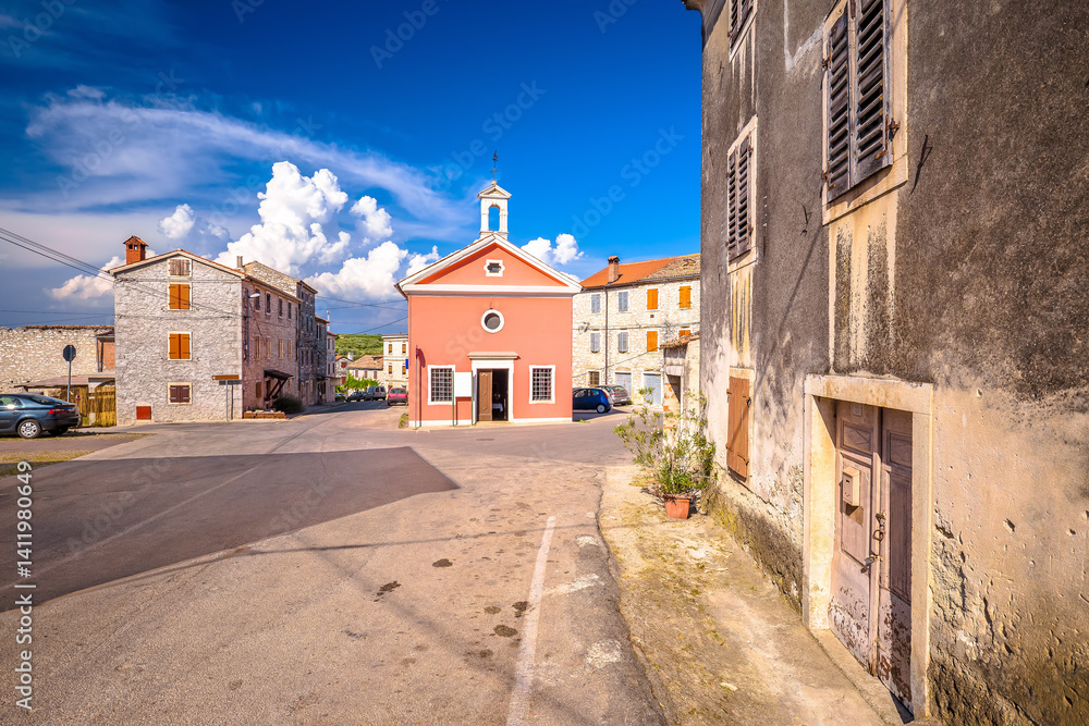 Istria., Croatia. Town of Brtonigla church and square street view