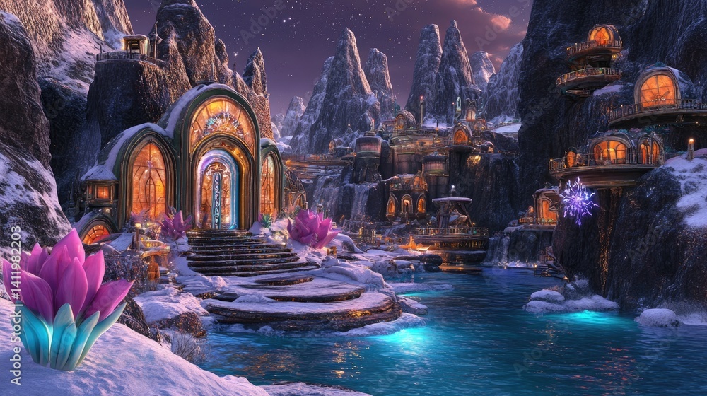 Fototapeta premium A breathtaking winter fantasy city nestled in a snowy mountain valley.