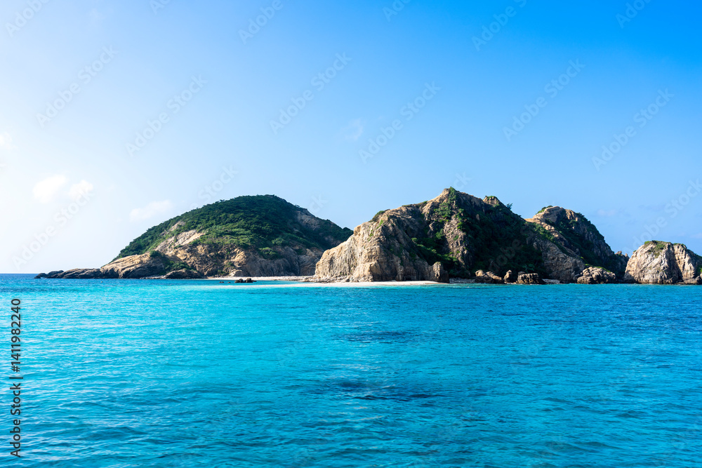 Kerama Islands near Okinawa, Japan: Aerial view of the Aharen, Tokashiki beach in the tropical islands in Okinawa in the Pacific Ocean..