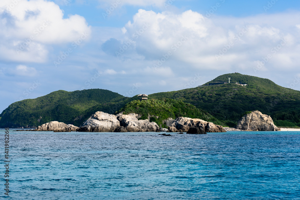 Kerama Islands near Okinawa, Japan: Aerial view of the Aharen, Tokashiki beach in the tropical islands in Okinawa in the Pacific Ocean..