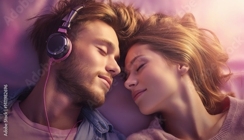 A tender moment captured of a couple lying together, enjoying peace and tranquility with closed eyes.