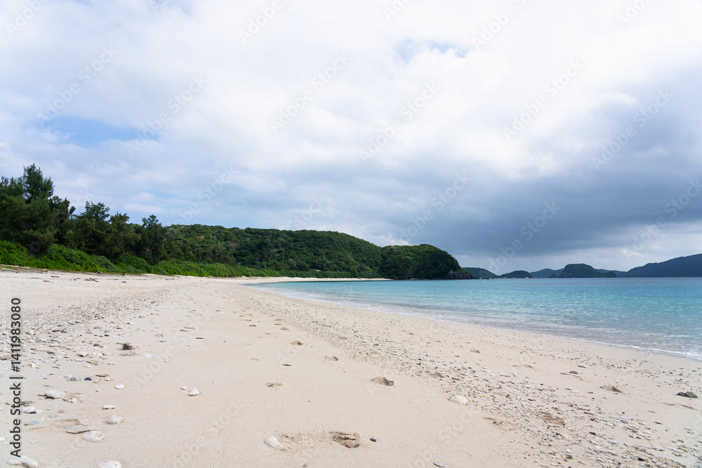 Kerama Islands near Okinawa, Japan: Aerial view of the Aharen, Tokashiki beach in the tropical islands in Okinawa in the Pacific Ocean..
