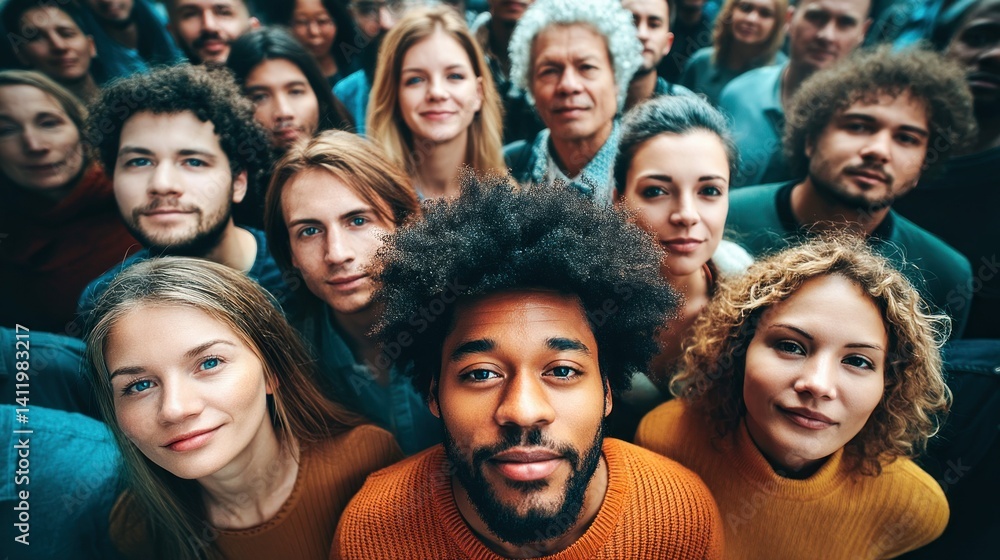 Fototapeta premium A large, diverse group of people, smiling and looking directly at the camera together.