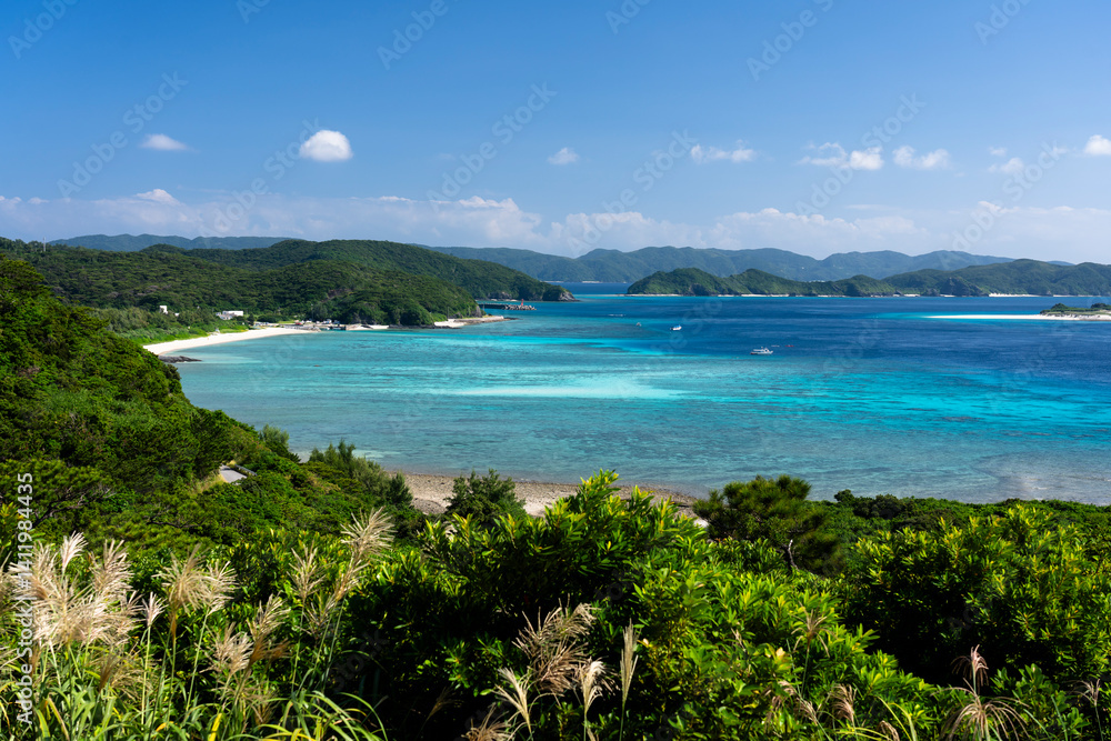 Kerama Islands near Okinawa, Japan: Aerial view of the Aharen, Tokashiki beach in the tropical islands in Okinawa in the Pacific Ocean..