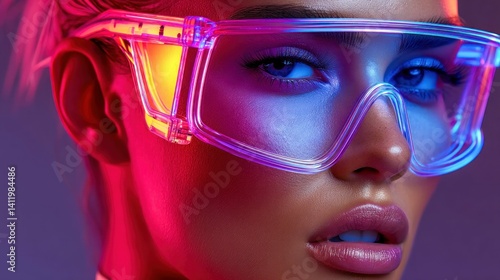A stylish woman with neon-lit glasses, showcasing a blend of futuristic and beauty elements.