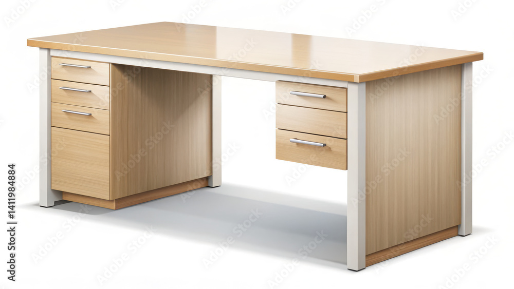 A modern wooden desk with a smooth, light-colored surface and a minimalist design. It features two sets of drawers on the left and one hanging drawer on the right, all equipped with sleek metal handle A modern wooden desk with a smooth, light-colored surface and a minimalist design. It features two sets of drawers on the left and one hanging drawer on the right, all equipped with sleek metal handle