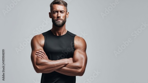 A muscular man with a beard stands with arms crossed, exuding confidence and strength.