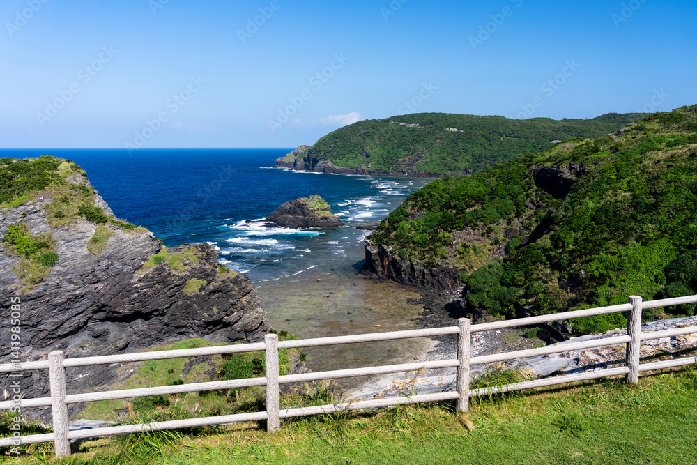 Kerama Islands near Okinawa, Japan: Aerial view of the Aharen, Tokashiki beach in the tropical islands in Okinawa in the Pacific Ocean..