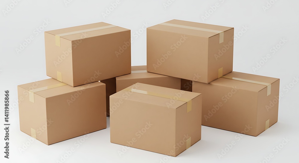 Stacked Cardboard Boxes Sealed with Tape on White Background Stacked Cardboard Boxes Sealed with Tape on White Background