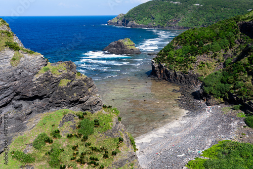 Kerama Islands near Okinawa, Japan: Aerial view of the Aharen, Tokashiki beach in the tropical islands in Okinawa in the Pacific Ocean..