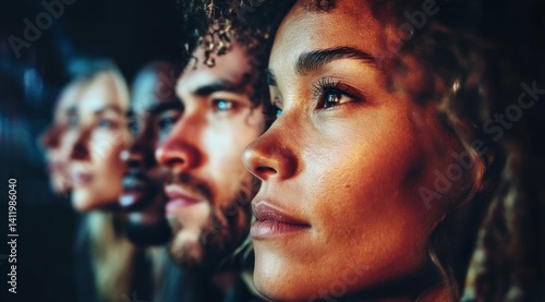 A diverse group of people looking forward, their profiles and determined expressions.