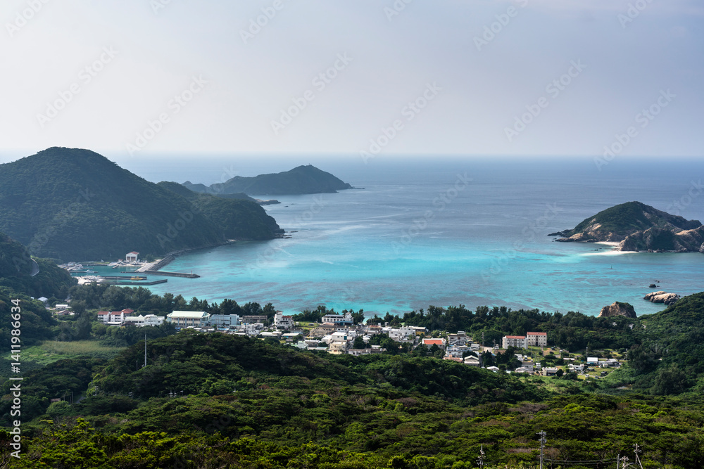Kerama Islands near Okinawa, Japan: Aerial view of the Aharen, Tokashiki beach in the tropical islands in Okinawa in the Pacific Ocean.