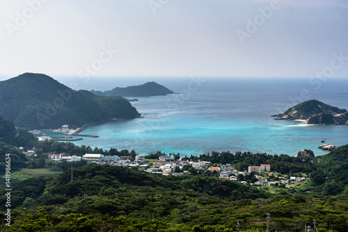 Obraz na płótnie Kerama Islands near Okinawa, Japan: Aerial view of the Aharen, Tokashiki beach in the tropical islands in Okinawa in the Pacific Ocean. w salonie